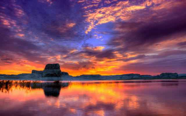 Sunset lake mountain clouds rock free wallpaper for desktop - medium preview image
