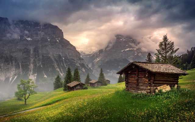 Cabin field mountains clouds path free wallpaper for desktop - medium preview image