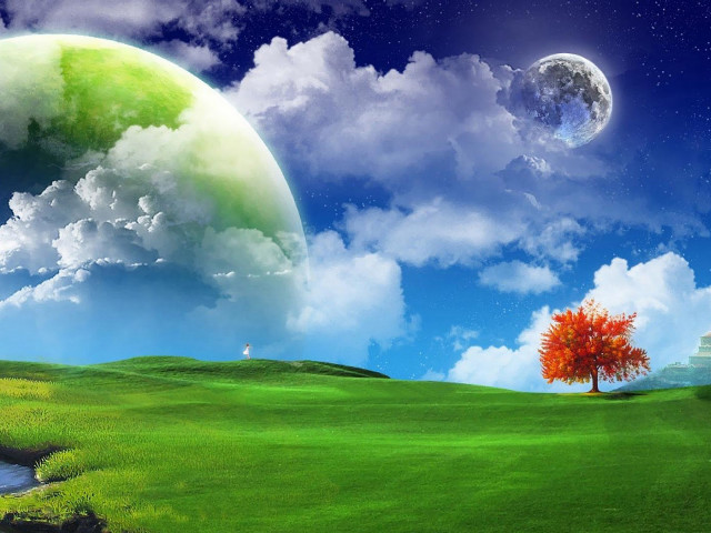 Tree moon sky green field free wallpaper for desktop - medium preview image