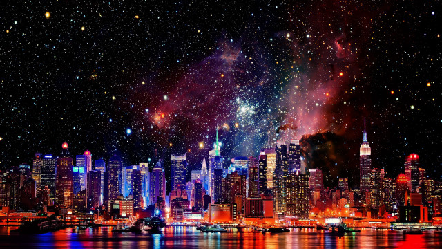 City skyline fireworks water night free wallpaper for desktop - medium preview image