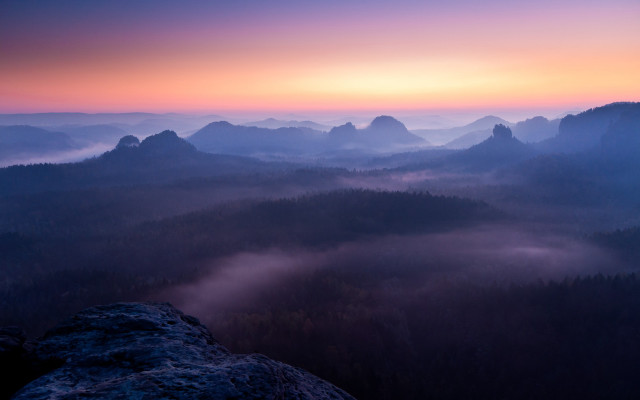 Mountain range foggy valley sunset free wallpaper for desktop - medium preview image