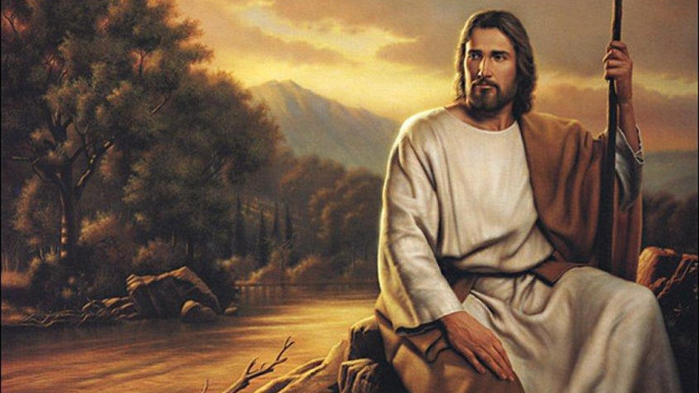 Jesus holding stick sitting rock free wallpaper for desktop - medium preview image