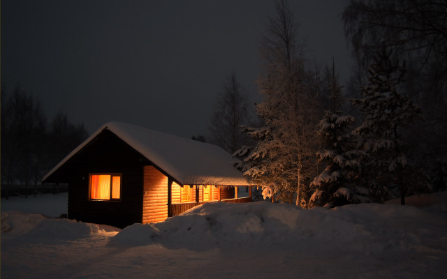 Cabin snow night litwindow forest free wallpaper for desktop - medium preview image