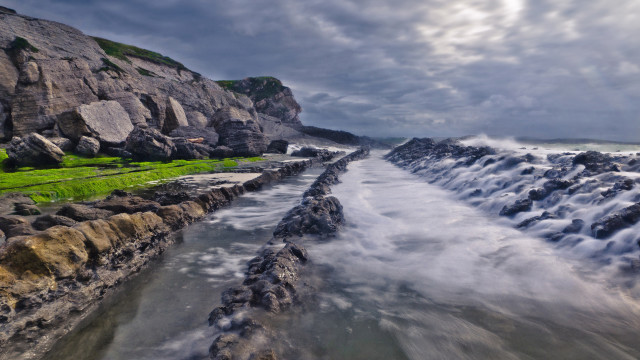 River cliffs cloudy sky green free wallpaper for desktop - medium preview image