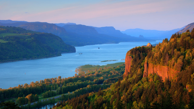 Scenic lake mountains trees boat free wallpaper for desktop - medium preview image