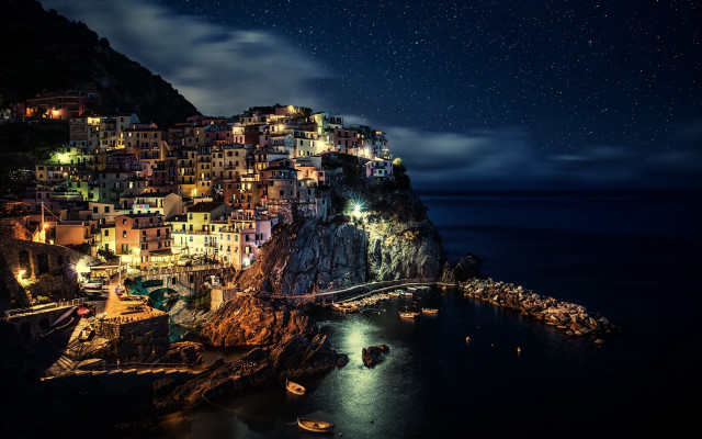 Night village cliff ocean bridge #2 free wallpaper for desktop - medium preview image