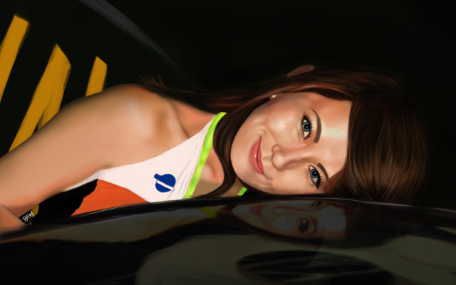 Woman car pose blueeyes brownhair free wallpaper for desktop - medium preview image