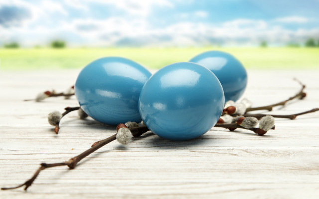 Three blue eggs wooden table free wallpaper for desktop - medium preview image