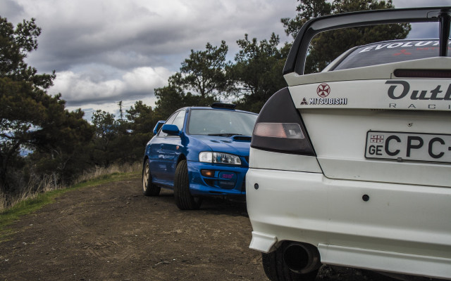 Car forest dirt road clouds free wallpaper for desktop - medium preview image