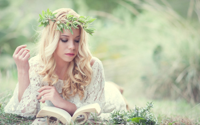 Woman leaf wreath reading grass free wallpaper for desktop - medium preview image