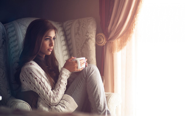 Woman coffee sitting window curtains free wallpaper for desktop - medium preview image