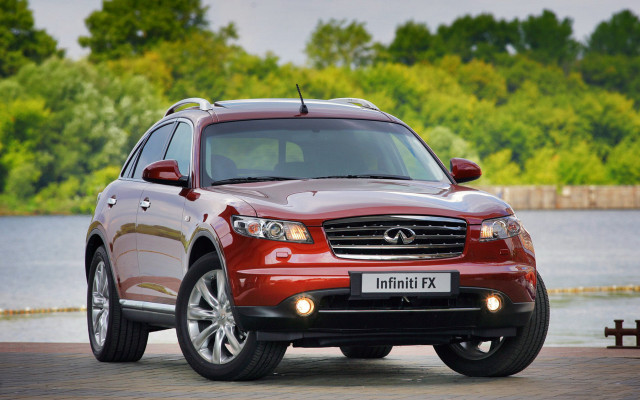 Red suv water trees bench free wallpaper for desktop - medium preview image