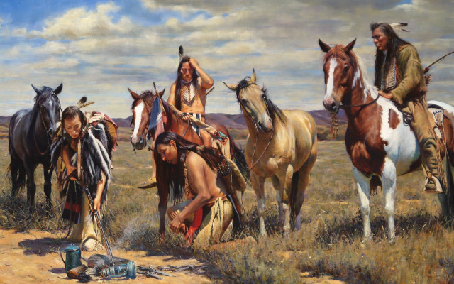 Native americans horses field oil free wallpaper for desktop - medium preview image