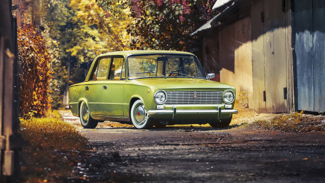 Green car road building trees free wallpaper for desktop - medium preview image