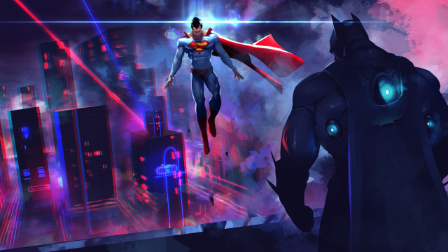 Man suit cape flying city free wallpaper for desktop - medium preview image