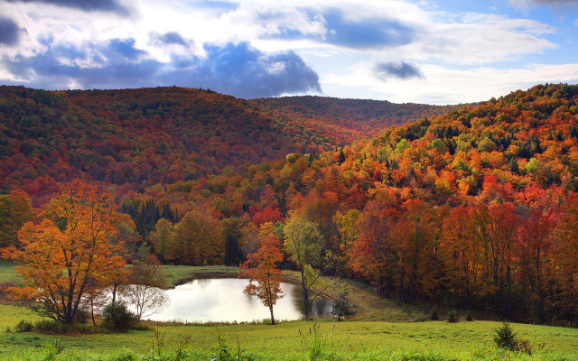 Lake trees fall mountains sunset free wallpaper for desktop - medium preview image