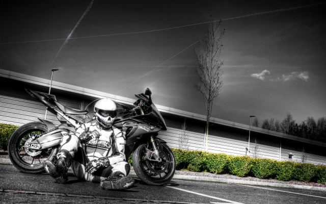 Motorcycle roadside helmet blackwhite outdoors free wallpaper for desktop - medium preview image