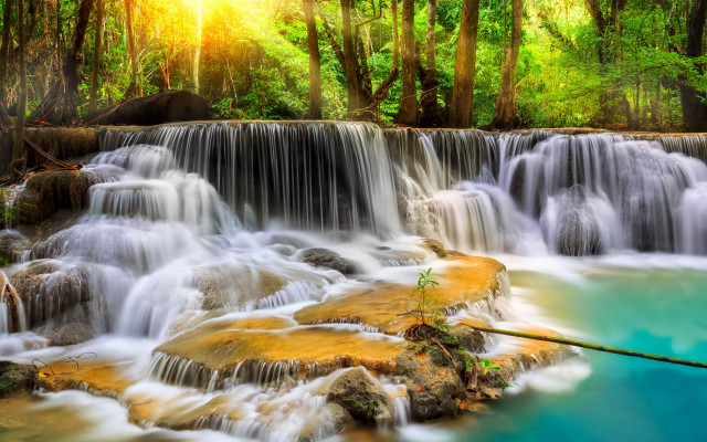 Waterfall blue pool trees sun free wallpaper for desktop - medium preview image