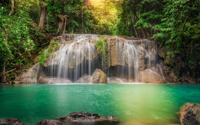 Waterfall forest green water rocks free wallpaper for desktop - medium preview image