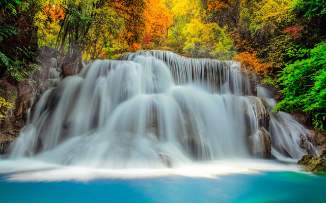 Waterfall blue pool autumn nature free wallpaper for desktop - medium preview image