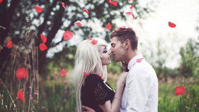 Romantic flower field kissing couple free wallpaper for desktop - medium preview image