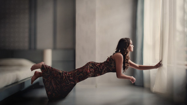 Woman dress window sill surreal free wallpaper for desktop - medium preview image