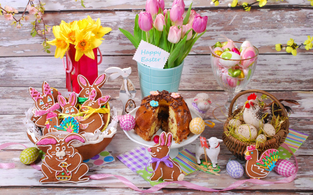Table basket eggs flowers cookies free wallpaper for desktop - medium preview image
