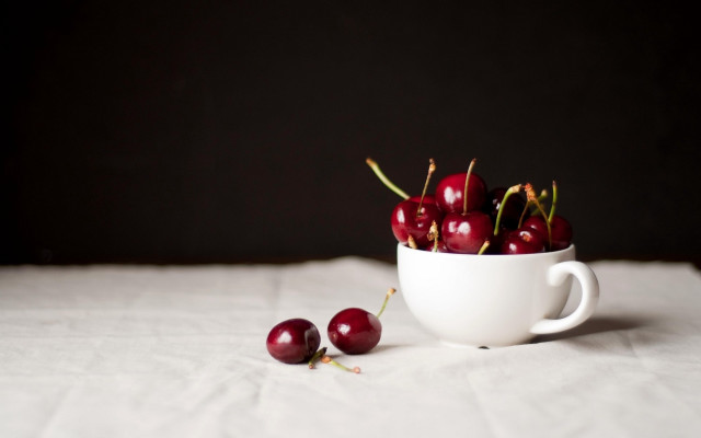 White bowl cherries tablecloth minimalist free wallpaper for desktop - medium preview image