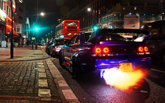 Cyberpunk car lights night traffic free wallpaper for desktop - medium preview image
