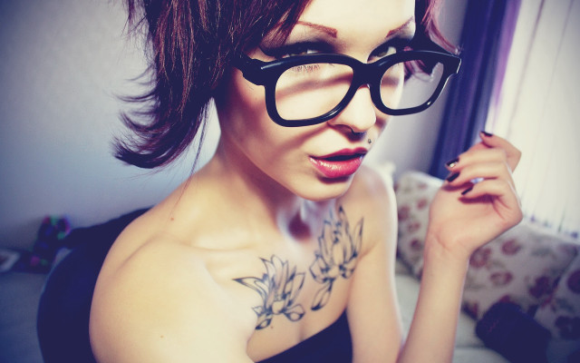 Woman glasses tattoo cigarette blue free wallpaper for desktop - medium preview image