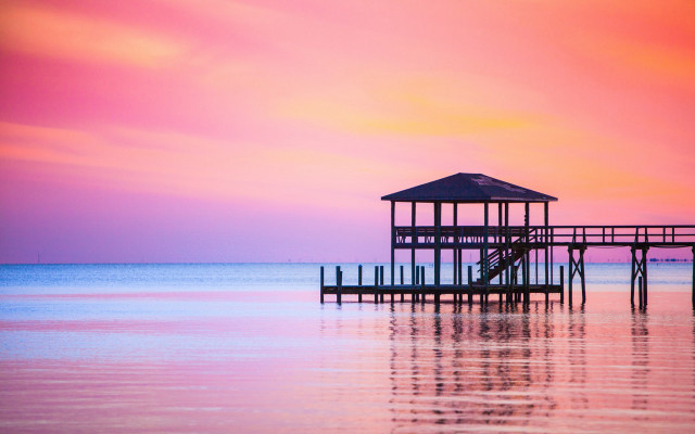 Pier gazebo ocean sunset pastel free wallpaper for desktop - medium preview image
