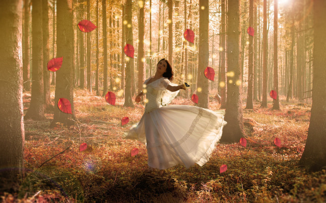 Woman white dress woods red free wallpaper for desktop - medium preview image