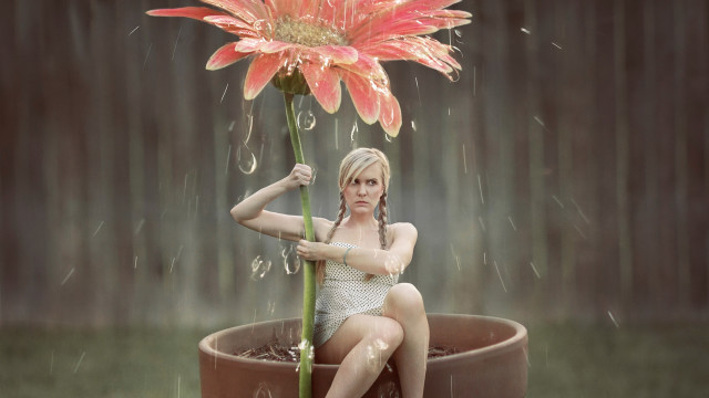 Woman flower rain sitting photorealistic free wallpaper for desktop - medium preview image