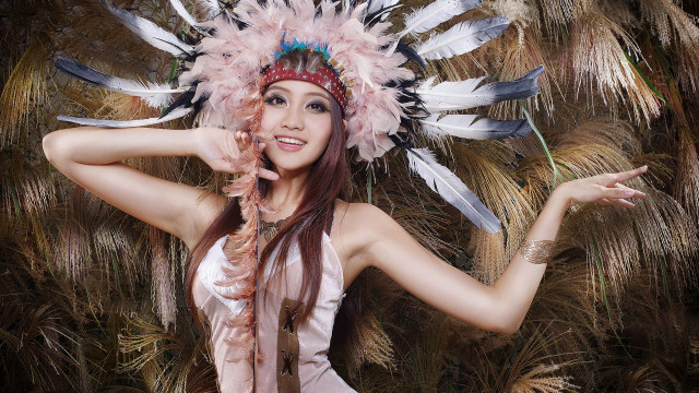 Woman headdress feathers fashion photorealistic free wallpaper for desktop - medium preview image