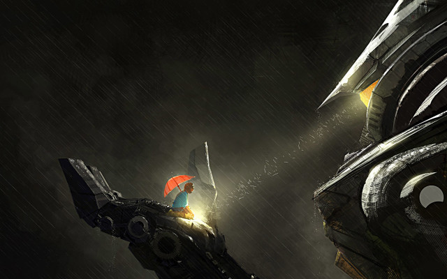 Futuristic robot red umbrella rain free wallpaper for desktop - medium preview image
