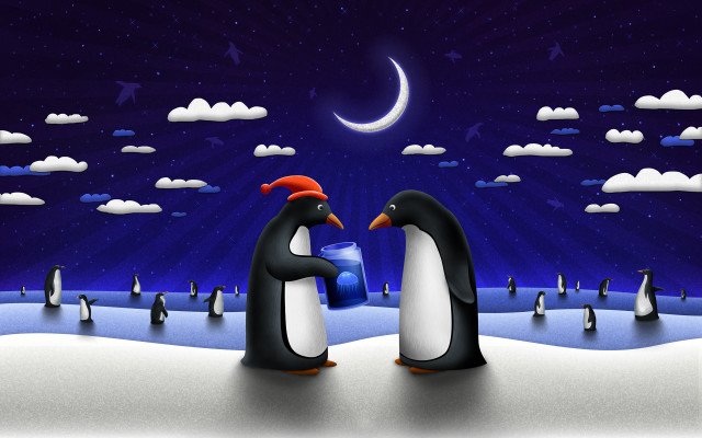 Penguins snow ice crescent night free wallpaper for desktop - medium preview image