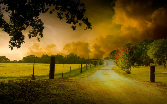 Dirt road gate field clouds free wallpaper for desktop - medium preview image