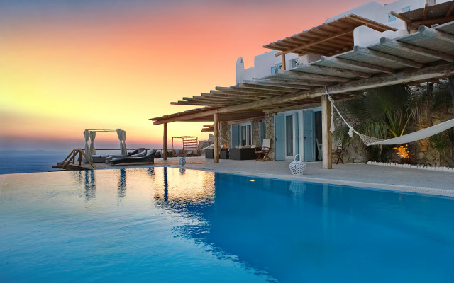 Sunset pool hammock panorama photorealism free wallpaper for desktop - medium preview image