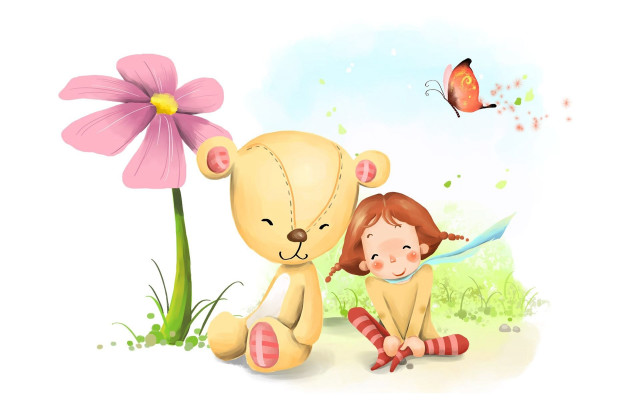 Little girl teddy bear flower free wallpaper for desktop - medium preview image