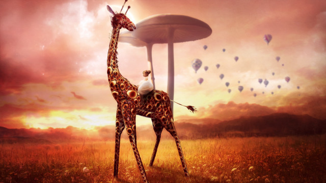 Giraffe mushroom field hotairballoons surreal free wallpaper for desktop - medium preview image