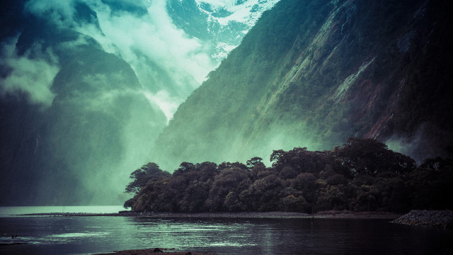 Large waterfall mountain lake boat free wallpaper for desktop - medium preview image