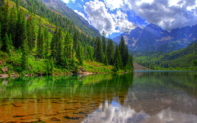 Mountain lake trees clouds reflection free wallpaper for desktop - medium preview image