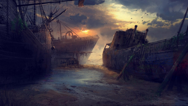 Harbor ship sunset birds matte free wallpaper for desktop - medium preview image