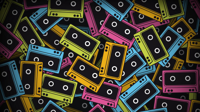 Colorful cassettes scattered black background free wallpaper for desktop - medium preview image