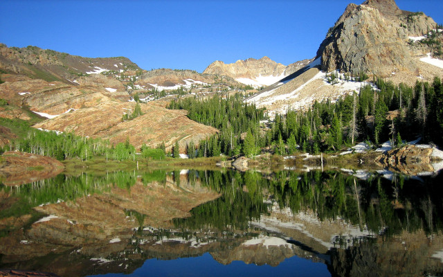 Mountain lake forest sky bridge free wallpaper for desktop - medium preview image