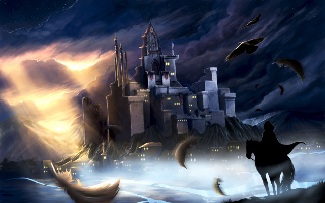 Castle towers birds night mountains free wallpaper for desktop - medium preview image