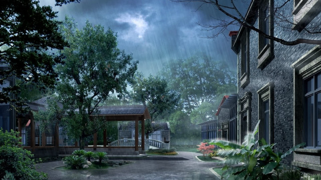 Rainy town gazebo architecture bushes free wallpaper for desktop - medium preview image