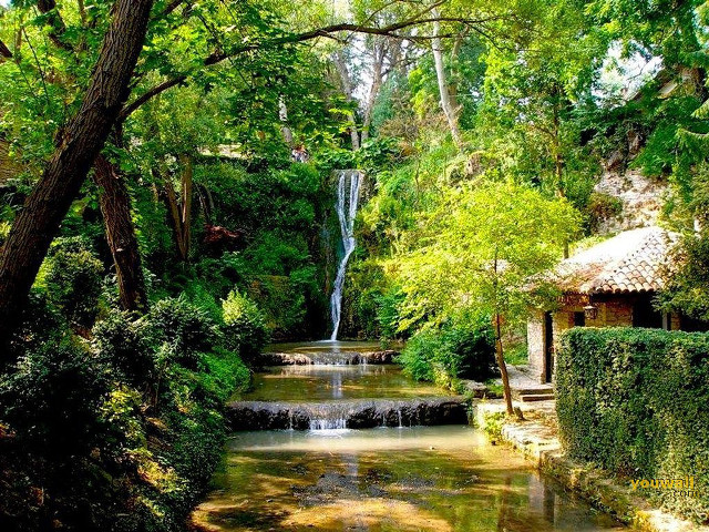 Small waterfall lush forest house free wallpaper for desktop - medium preview image