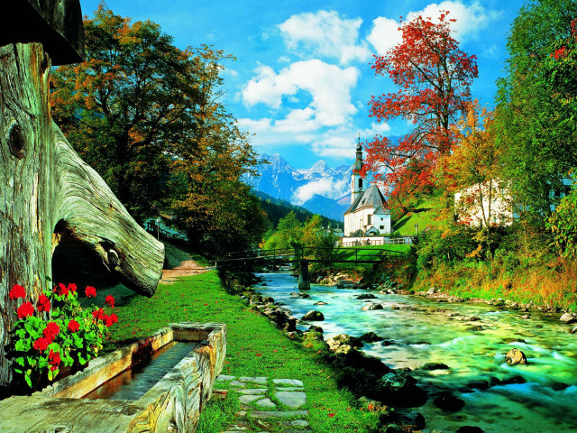 River forest church trees painting free wallpaper for desktop - medium preview image