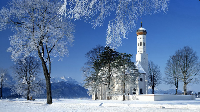 Church clocktower snowyfield trees berndfasching free wallpaper for desktop - medium preview image